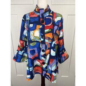 Ali Miles L Abstract Art Jacket Wired Collar 3/4 Sleeve Button Front Art To Wear